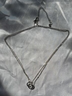 Silver Tone Double Ring Layered Necklace - Silver